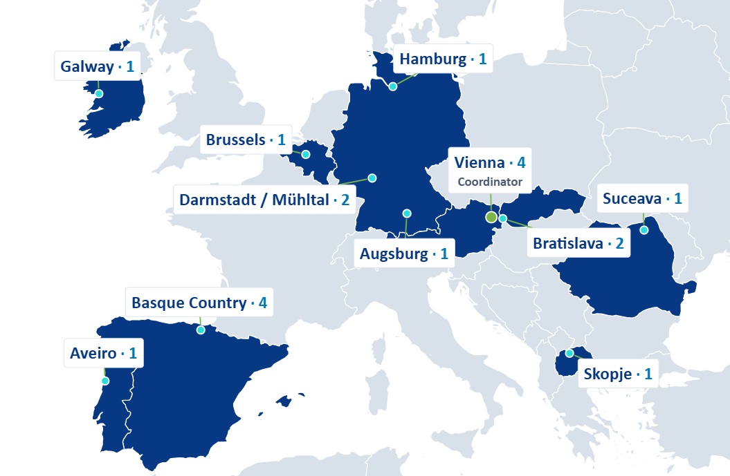 Map of Europe with COMPLIANCE4DPP partner countries and locations highlighted